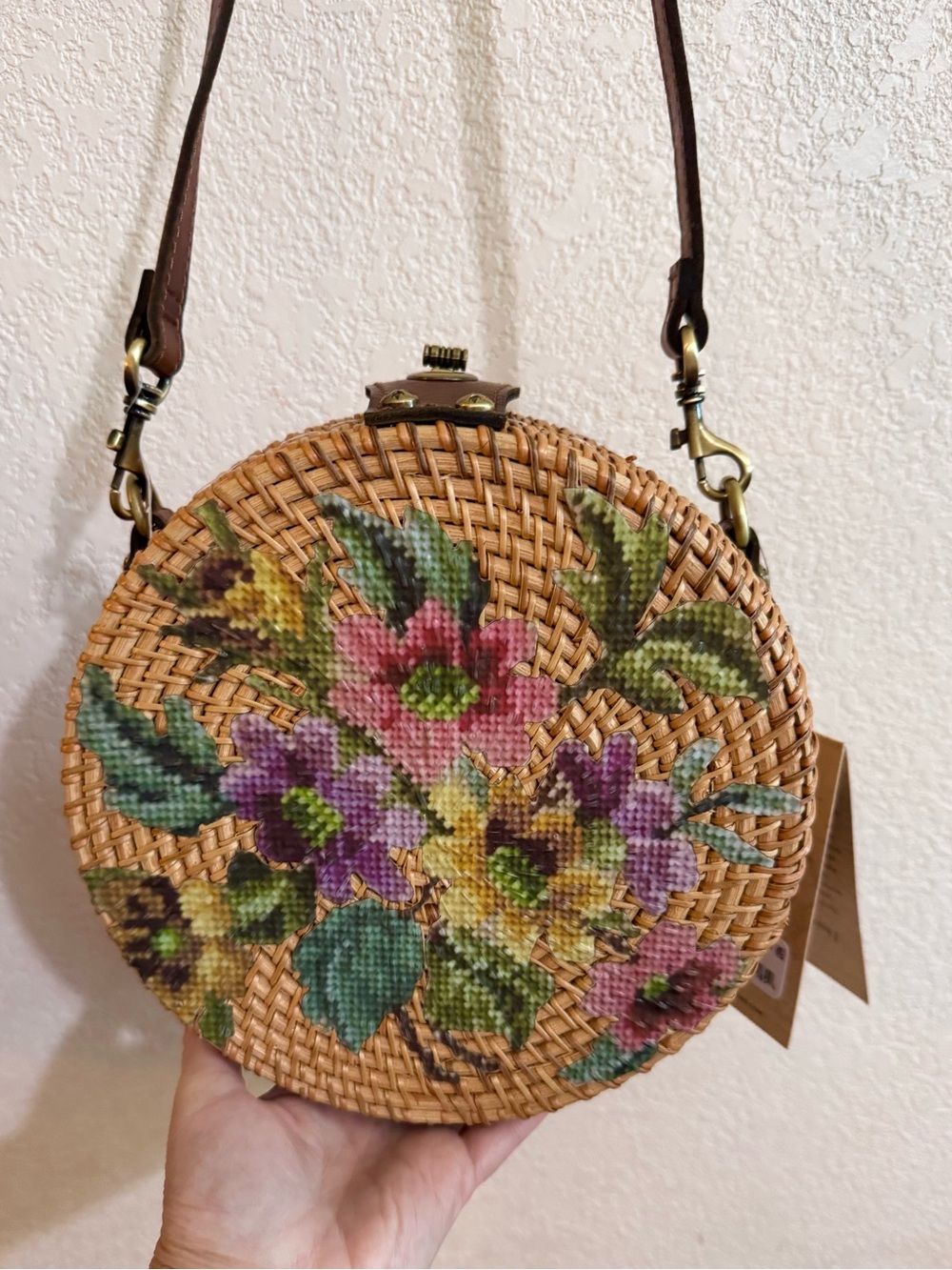 Patricia Nash hand painted floral raffia,round,leather accents,crossbody,Vintage